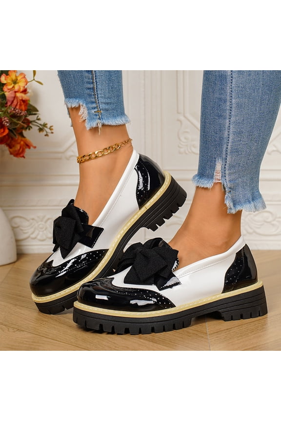 Brogue Decorated Loafers, Vintage School Style Shoes, Women Shoes Slip On, Orthopedic Shoes for Women, Women's Two-Tone Bow Platform Loafers, Patent Leather Chunky Heel Shoes, White 6