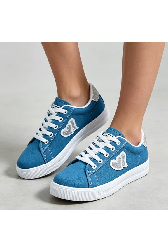Canvas Walking Shoes, Lace Up Casual Footwear, Sweet Fashion Sneakers, Non Slip Daily Shoes, Women's Heart Pattern Canvas Sneakers Low Top Lace Up Daily Walking Shoes, Blue 6