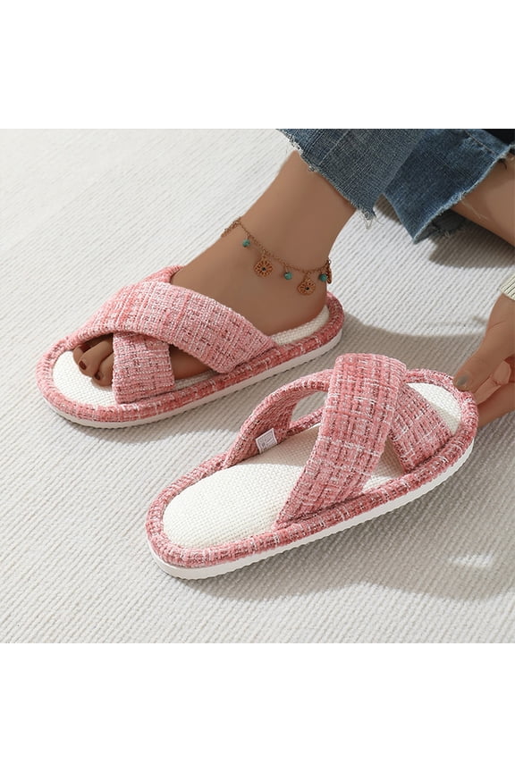 Checkered Open Toe Slides, Women's Classic Criss Cross Linen Slippers Fashion Checkered Open Toe Slide Sandals Summer Home Breathable Sweat Absorbing Indoor House Flat Shoes, Pink 5.5