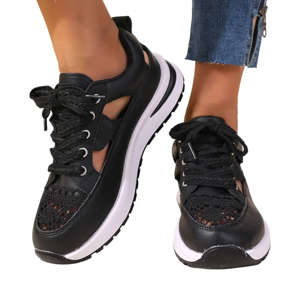 HTHLVMD Chunky Platform Sneakers, Women's Chunky Platform Sneakers Hollow Out Lace Cutout Trainers Stylish Lace Up Dad Shoes Comfort Cushion Lifting Walking Footwear, Black 6
