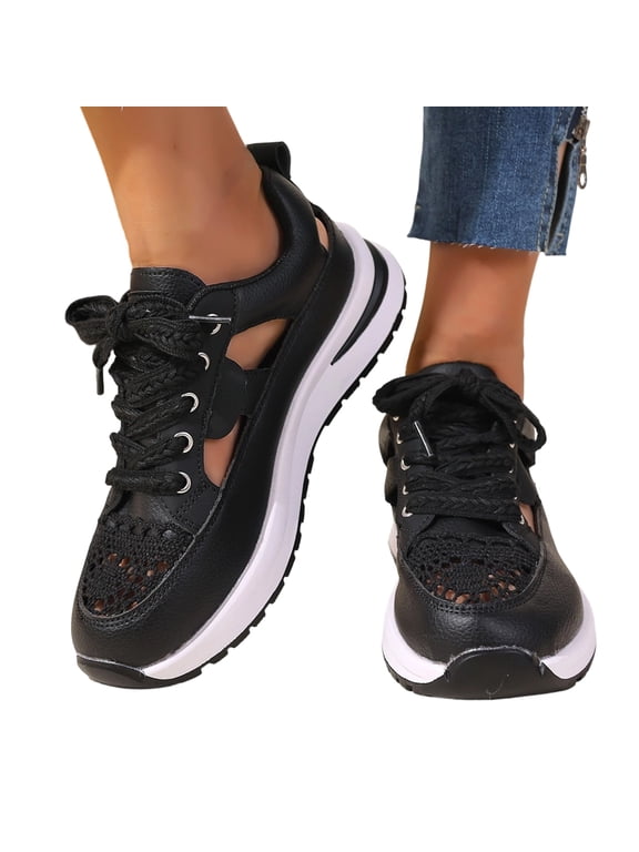 Chunky Platform Sneakers, Women's Chunky Platform Sneakers Hollow Out Lace Cutout Trainers Stylish Lace Up Dad Shoes Comfort Cushion Lifting Walking Footwear, Black 6