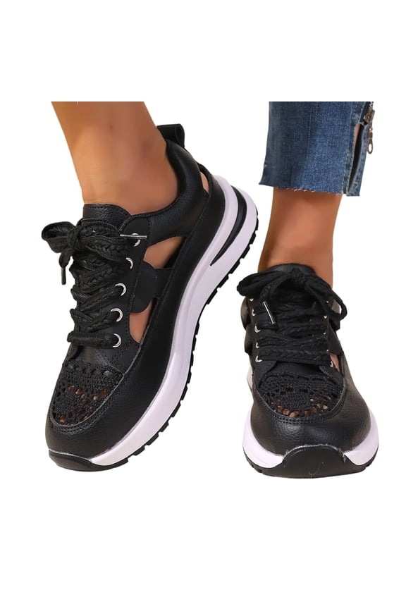 Chunky Platform Sneakers, Women's Chunky Platform Sneakers Hollow Out Lace Cutout Trainers Stylish Lace Up Dad Shoes Comfort Cushion Lifting Walking Footwear, Black 6