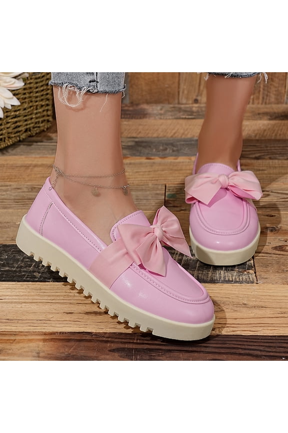 Chunky Sole Dress Shoes, Fashion Bow Accent Loafers, Bow Platform Loafers, Women Slip-On Casual Shoes, Women's Casual Slip On Sneaker Fashion Bow Tie Loafer Flats, Light Purple 5.5