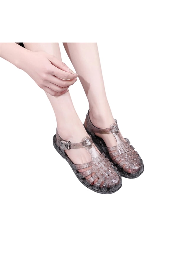 Clear Jelly Sandals, Summer Beach Shoes, Ankle Strap Flat Sandals, Glitter Casual Footwear, Women's Summer Sandals, Crystal Jelly Heel Sandals for Women Summer Beach Jelly Shoes, Black 6.5