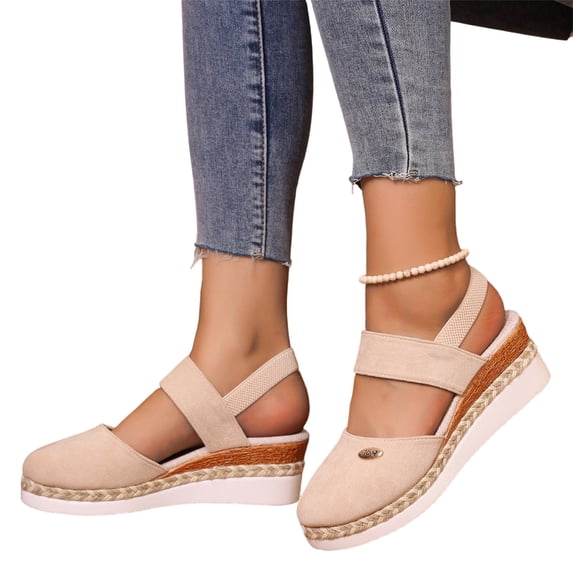 HTHLVMD Closed Toe Wedge Sandals, Elastic Slingback Espadrille Shoes, Womens Closed Toe Sandals 2026 Platform Wedges Slingback Slip On Sandals With Adjustable Ankle Strap Walking Shoes, Beige 6