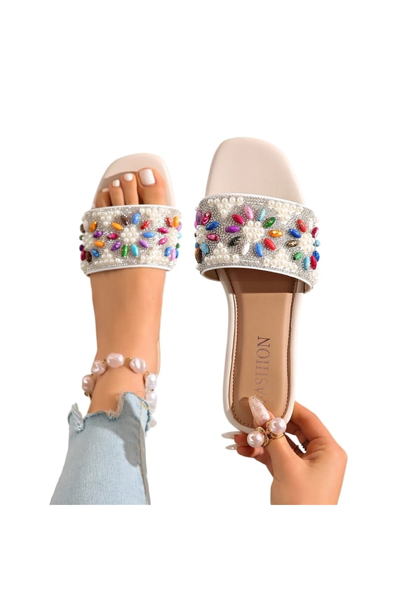 Colorful Gem Embellished Sandals, Flat Casual Slippers, Women's Flat Sandals With Rhinestone Pearl Summer Casual Open Toe Slipper Beach Pool Vacation Slip On Slides 2026, White 7.5