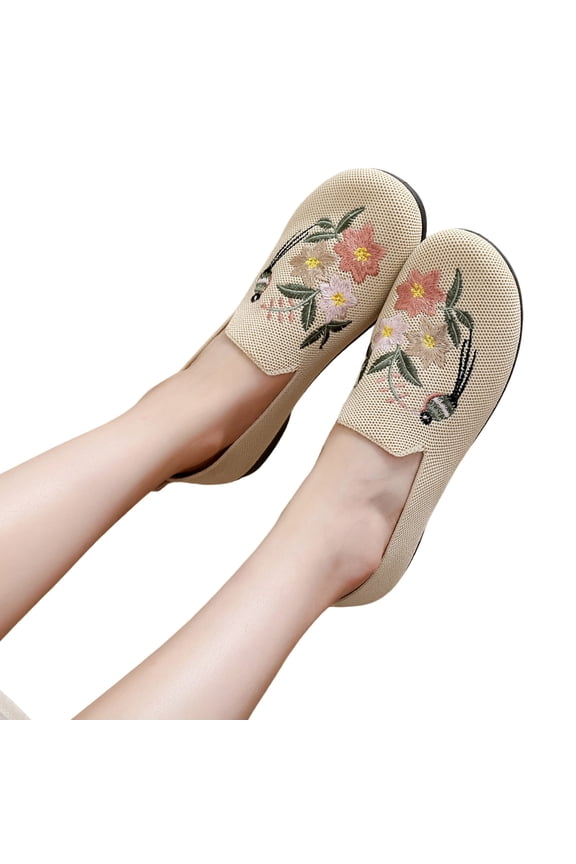 Comfortable Breathable Daily Shoes, Fashion Floral Embroidery Flats, Office Shoes, Women's Bird & Floral Embroidered Knit Slip On Loafers, Comfortable Breathable Casual Flats, Beige 7