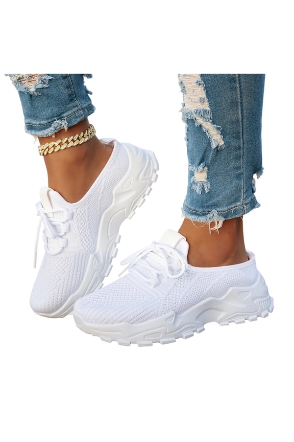 Comfortable Knit Workout Shoes, Women's Knit Lace-Up Platform Sneakers, Women's Mesh Orthopedic Running Walking Sneakers Lightweight Breathable Lace Up Tennis Sneakers, White 6