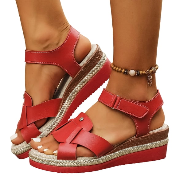 HTHLVMD Comfortable Platform Sandals, Summer Comfort Footwear, Women's Low Wedge Heels Summer Dressy Platform Sandals Ankle Strap Open Toe Wedges Sandals Comfortable Wedges for Women, Red 6.5