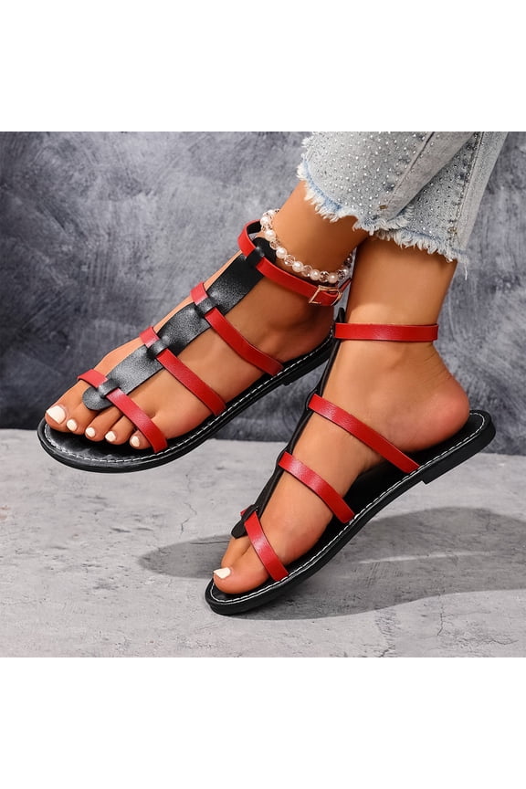 Comfortable Roman Style Sandals, Summer Casual Strappy Sandals, Women's Metallic Pu Leather Toe Post Flat Sandals Open Toe Ankle Strap Sandal Comfortable Walking Slides, Red 8