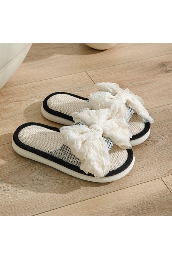 Cotton Blend Slippers, Luxury Bedroom Shoes, Women's Indoor Linen Slippers Chiffon Bow Knot House Shoes Breathable Cotton Blend Flat Open Toe Luxury Bedroom Slides, Black 5.5