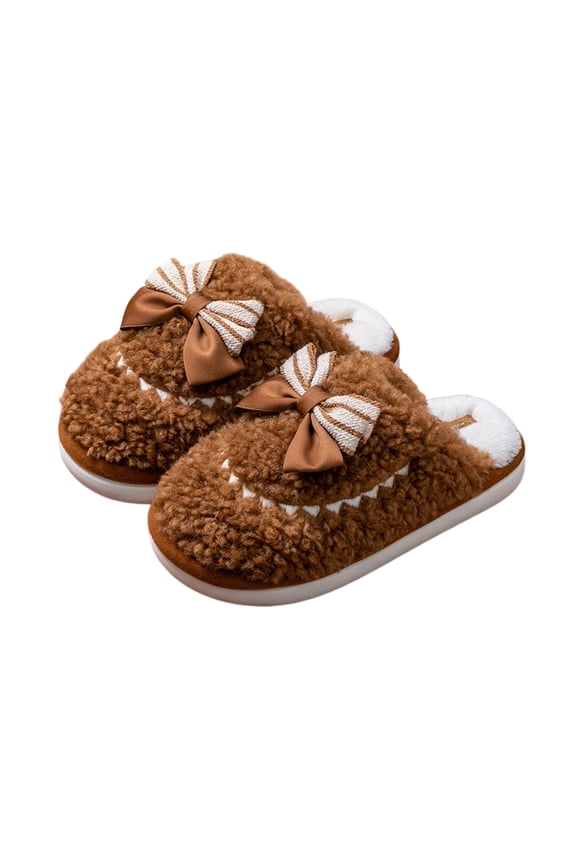 Curly Teddy Fleece Slippers, Women's Curly Teddy Fleece Slippers Elegant Striped Bow House Shoes Warm Winter Comfort Cushion Mules Cozy Plush Non Slip Bedroom Slides, Brown 5.5