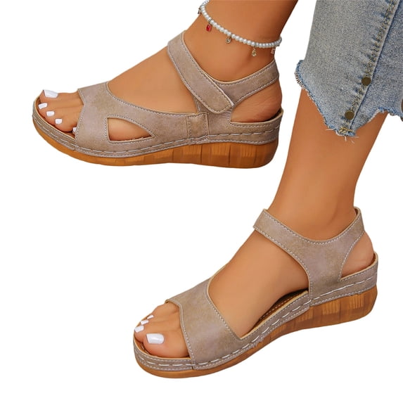HTHLVMD Cut-Out Casual Sandals, Low Heel Comfort Shoes, Everyday Summer Shoes, Adjustable Strap Shoes, Sandals for Women Thick Soles Open Toe Wedges Lightweight Hook and Loop Sandal, Khaki 8.5