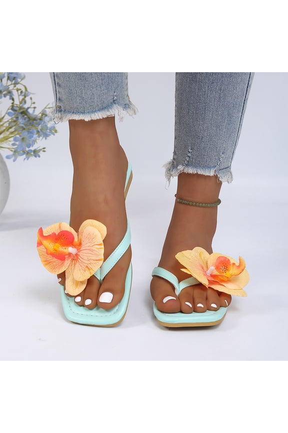 Cute Flats, Flower Flip Flops for Women, 3D Orchid Flower Thong Slides, Women's Flower Flat Sandals Cute Square Toe Flip Flops Thong Dressy Vacation Summer 2026 Slides Shoes, Green 5.5