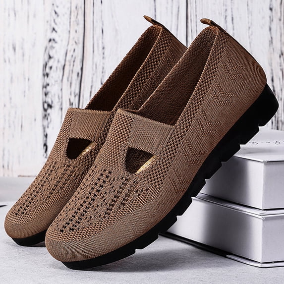 HTHLVMD Cutout Slip-On Comfort Loafers, Knit Flat Shoes, Knit Flats for Women Round Toe Casual Flat Shoes Soft Comfort Lightweight Walking Office Mary Jane Shoes, Coffee 6.5