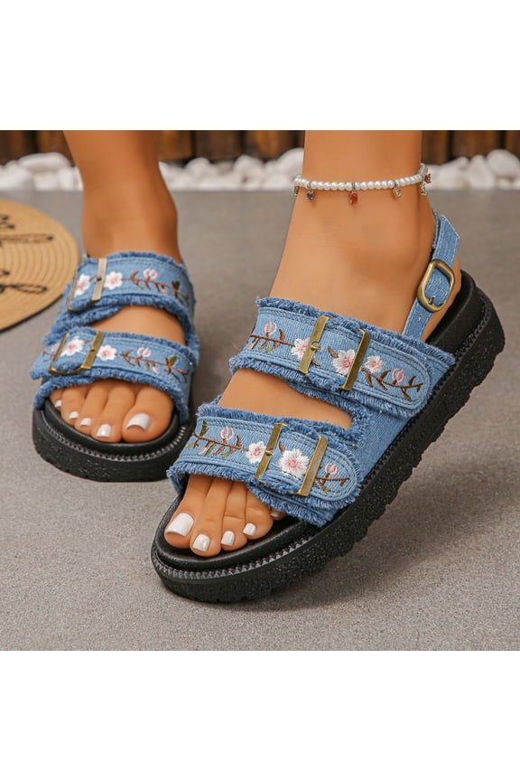 Denim Floral Embroidered Sandals, Platform Ankle Strap Footwear, Boho Summer Casual Shoes, Women's Buckle Denim Flatform Sandals Open Toe Slide Sandals Summer Shoes, Blue 7