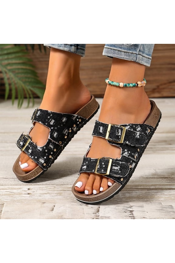 Distressed Denim Rivet Slides, Flat Sandals for Women 2026 Cork Footbed Womens Sandals With Memory Foam and Arch Support Vacation Essentials Slides for Women Footwear, Black 6