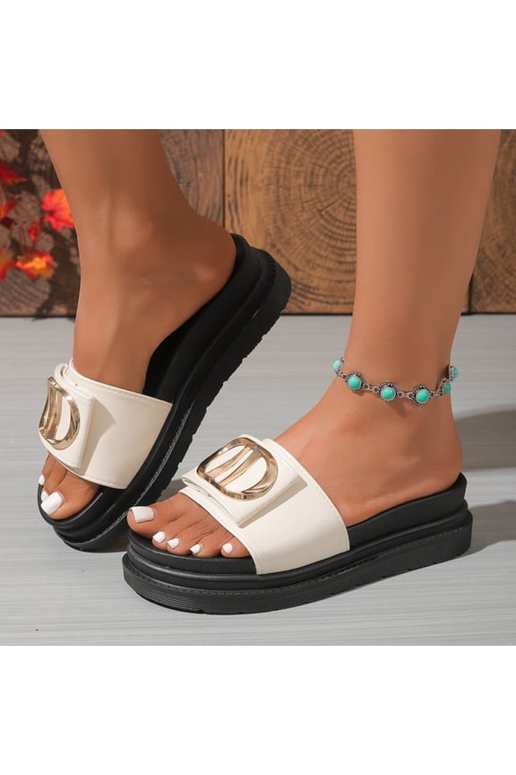Dressy Flat Sandals for Women, Chunky Chain Slide Slippers for Women Non-Slip Open Toe Indoor Outdoor Sandals for Home Casual Street Lounge Wear, White 5.5