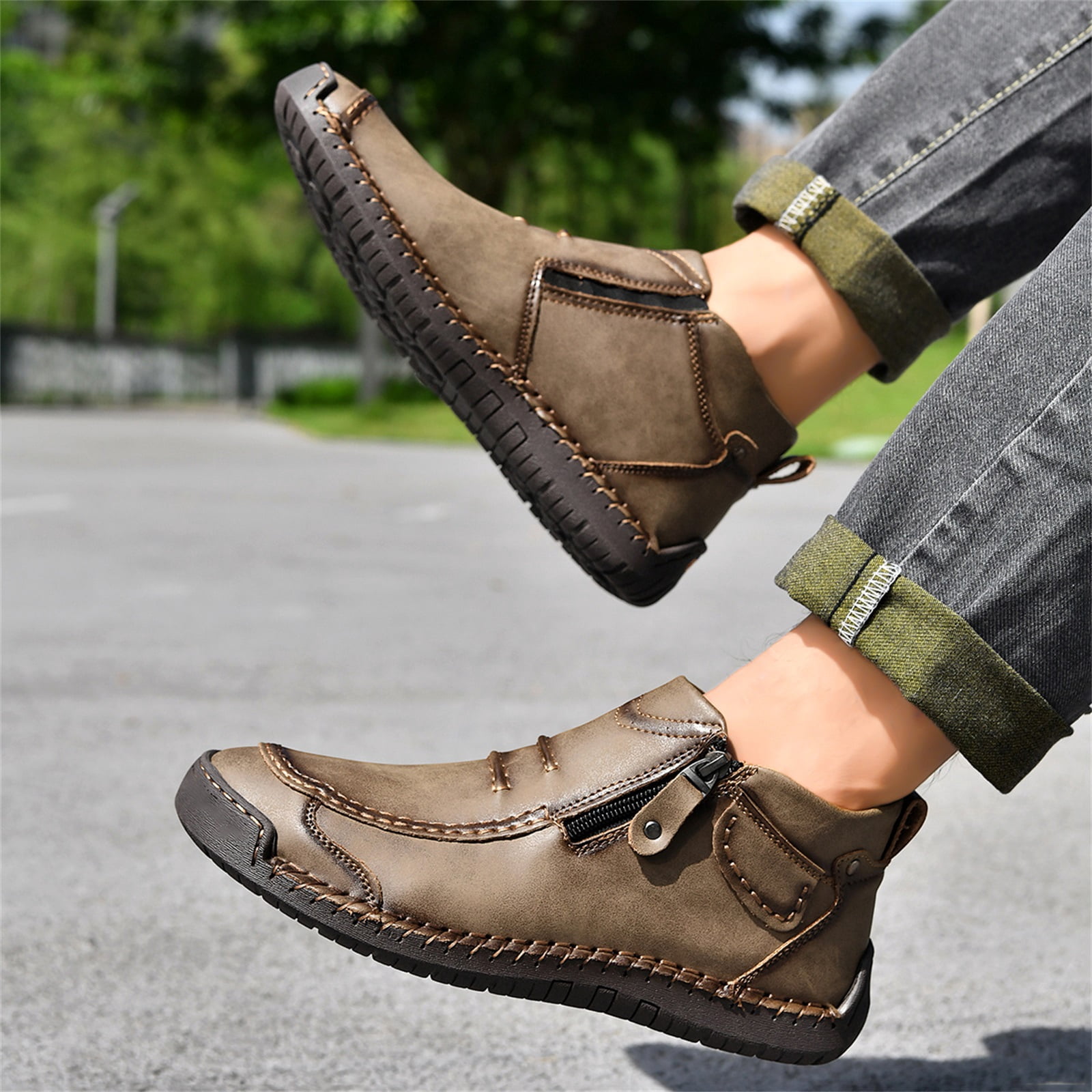 HTHLVMD Driving Shoes for Men, Men’S Slip-On Orthopedic Leather Boots,Men’S Handmade Premium Leather Slip-On Driving Boots,Men Side Zipper Orthopedic Shoes for Driving Hiking, Khaki 8