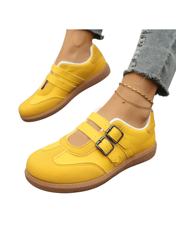 Dual Buckle Mary Jane Flats for Women, Women's Double-Strap Flat-Sole Sneakers Slip-On Rubber Sole Lightweight Walking Shoes Workwear, Formal, Casual Footwear, Yellow 6