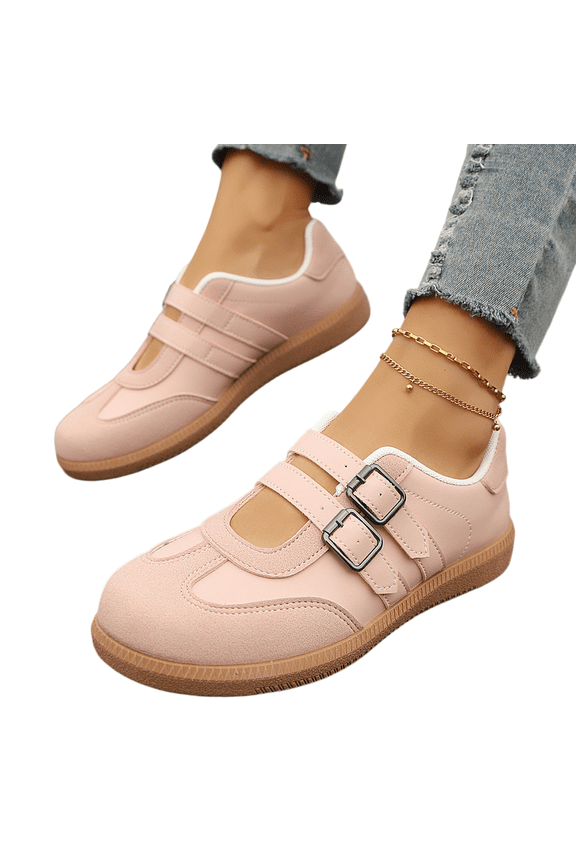 Dual Buckle Mary Jane Flats for Women, Women's Double-Strap Flat-Sole Sneakers Slip-On Rubber Sole Lightweight Walking Shoes Workwear, Formal, Casual Footwear, Pink 5