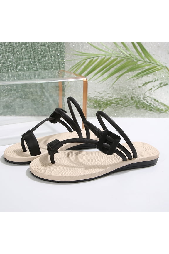 Dual Strap Toe Post Slides for Women, Strappy Flat Sandals for Women Toe Loop Soft Cushioned Footbed Open Toe Slip-On Slide Sandals Comfortable Summer Daily Shoes, Black 5