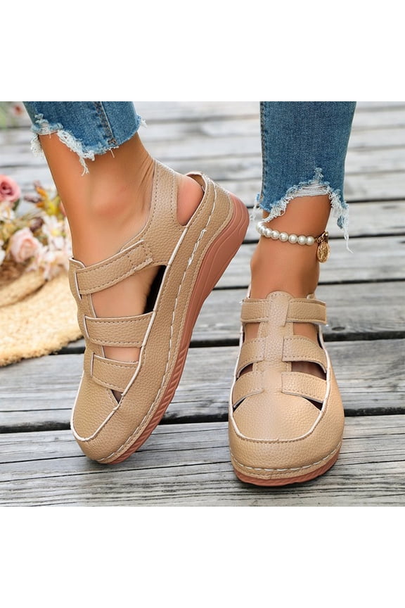 Durable Faux Leather Sandals, Adjustable Strap Closed-Toe Shoes, Women's Casual Boho Gladiator Sandals,Summer Leather Comfort Soft Sole Closed Toe Ankle Strap Beach Shoes, Khaki 5.5
