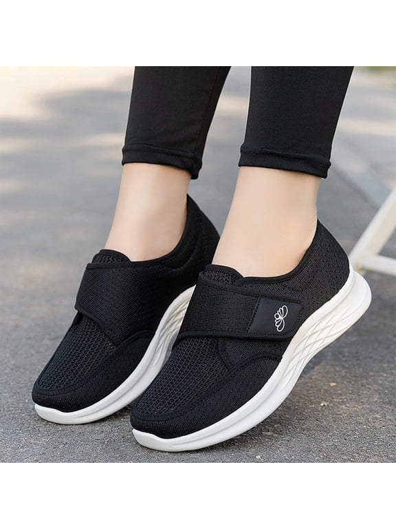 Easy On/Off Senior Walking Sneakers, Women's Diabetic Shoes Easy Put On for Edema Plantar Bunions Arthritis Wide Width Swollen Feet Bottom Fattening and Widening Elderly Shoes, Black 9