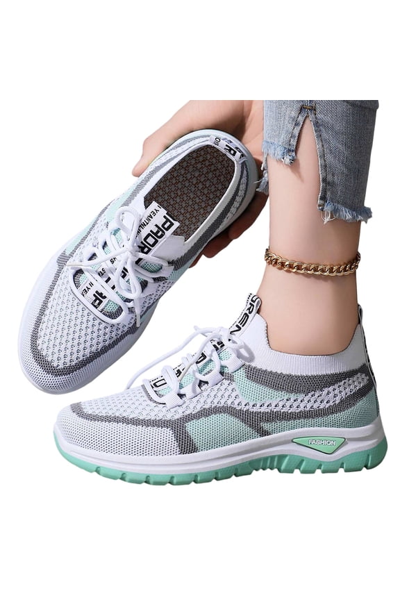 Fashionable Sock-Fit Daily Shoes, Lightweight Non-Slip Athletic Sneakers, Women's Breathable Knit Lace-Up Sneakers - Lightweight Color-Block Comfort Walking Shoes, Green 9.5