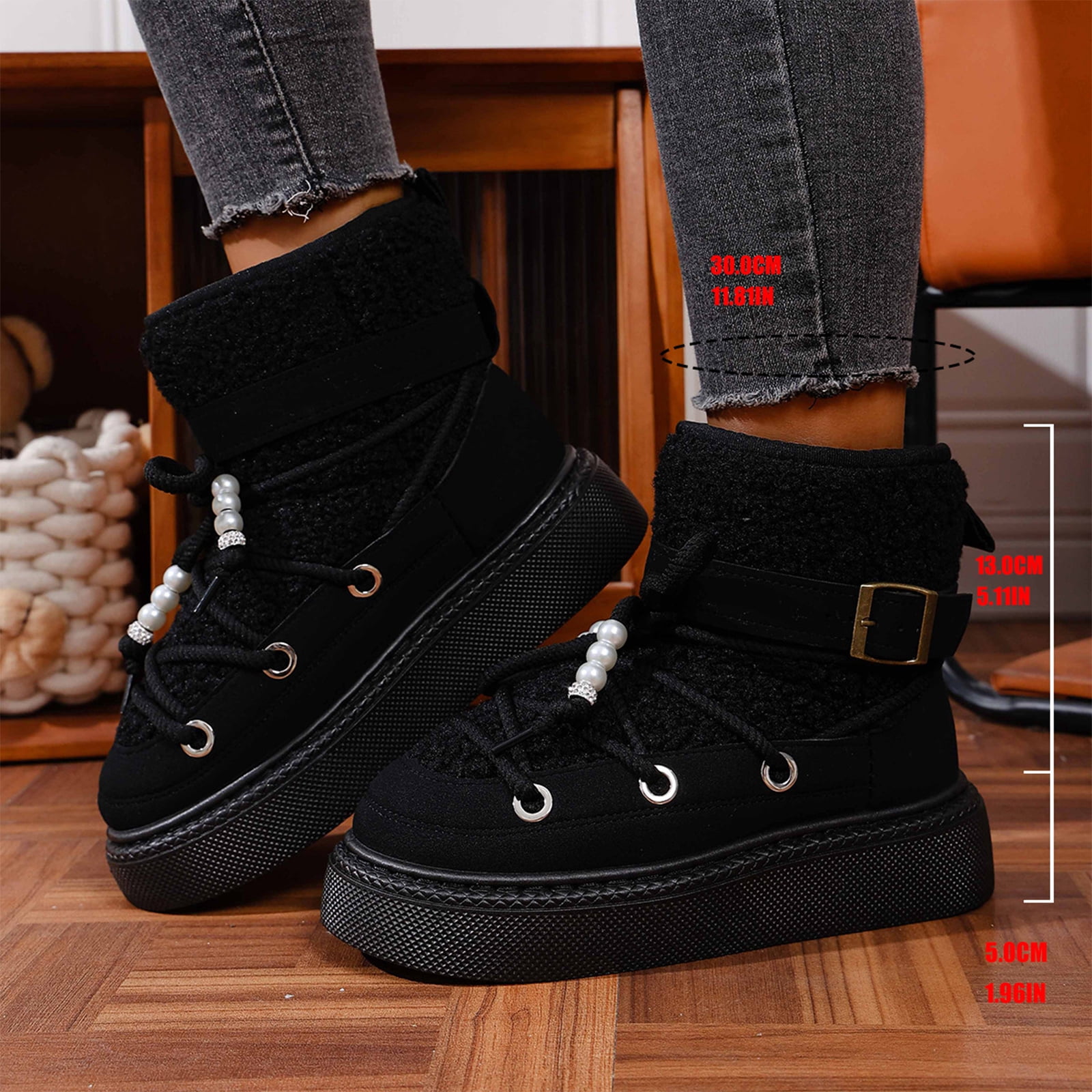 HTHLVMD Faux Fur Lined Walking Shoes, Buckle Strap Boots, Women's