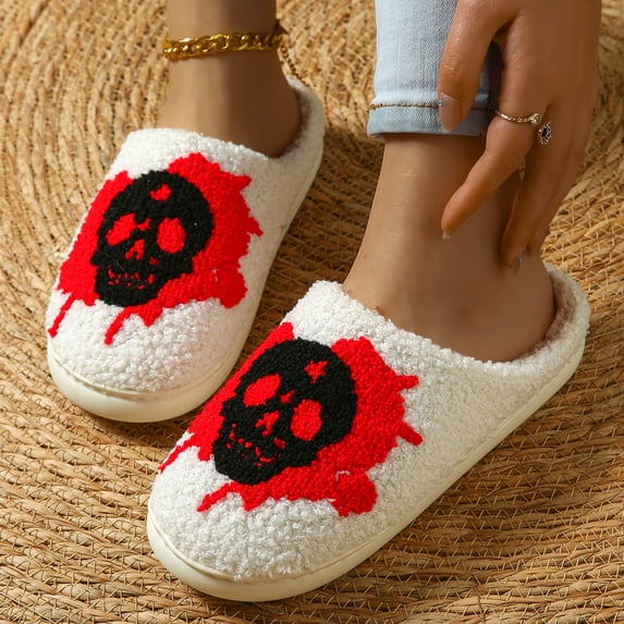 HTHLVMD Festive Indoor Footwear, Skull Slippers, Halloween Skull Plush Slippers Warm Fuzzy House Shoes Gothic Holiday Slippers Cozy Closed Toe Indoor Slip On Footwear, White 5.5