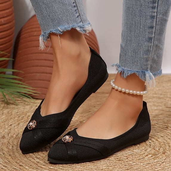 HTHLVMD Flat Comfort Shoes, Wide Width Shoes for Women, Women’S Vegan Leather Ballet Flats Soft Slip-On Round Toe Shoes With Metal Detail Minimalist Comfort Flat Shoes, Black 5.5