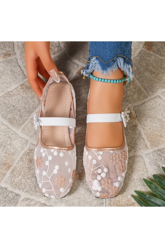 Floral Embroidered Mesh Flats, Pearl‑Decor Mary Jane Footwear, Mesh Embroidered Flats for Women Leopard Mary Jane Flats Ballet Shoes Round Toe Slip On Ballerina Floral Shoes, Gold 8