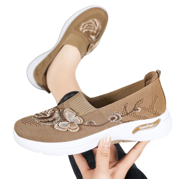 HTHLVMD Floral Embroidered Mesh Sneakers, Slip-On Walking Shoes, Womens Breathable Knit Slip-On Walking Shoes Embroidered Slip On Sneakers Lightweight Comfortable Orthopedics Walking Shoe, Khaki 8.5