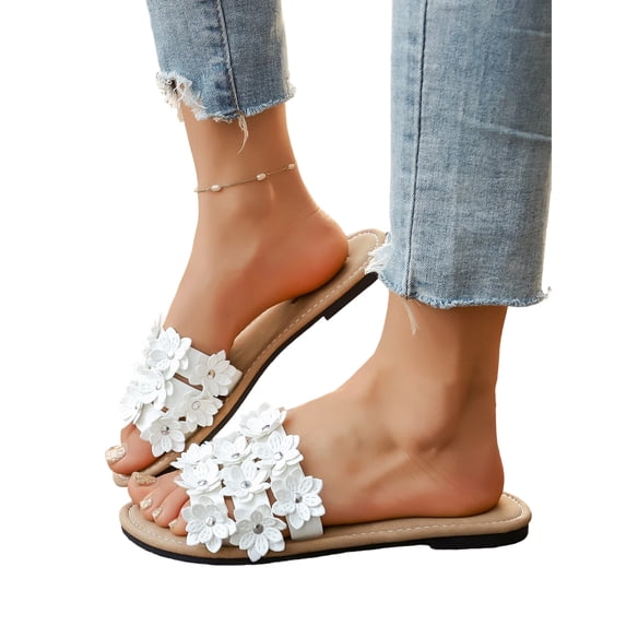 HTHLVMD Flower Embellished Slide Sandals, Open-Toe Comfort Slippers, Women's Floral Appliques Open Toe Flat Sandals Comfortable Summer Beach Slip On Slide Sandal, White 5