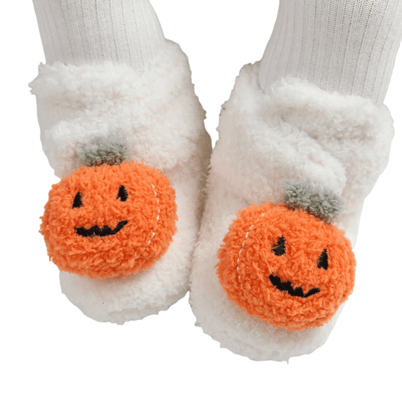 HTHLVMD Fuzzy Closed Toe Slippers,Halloween Slippers Plush Jack O Lantern House Shoes Soft Fuzzy Lining Non Slip Rubber Sole Closed Toe Indoor Bedroom Home Wear Holiday Party,White 4.5