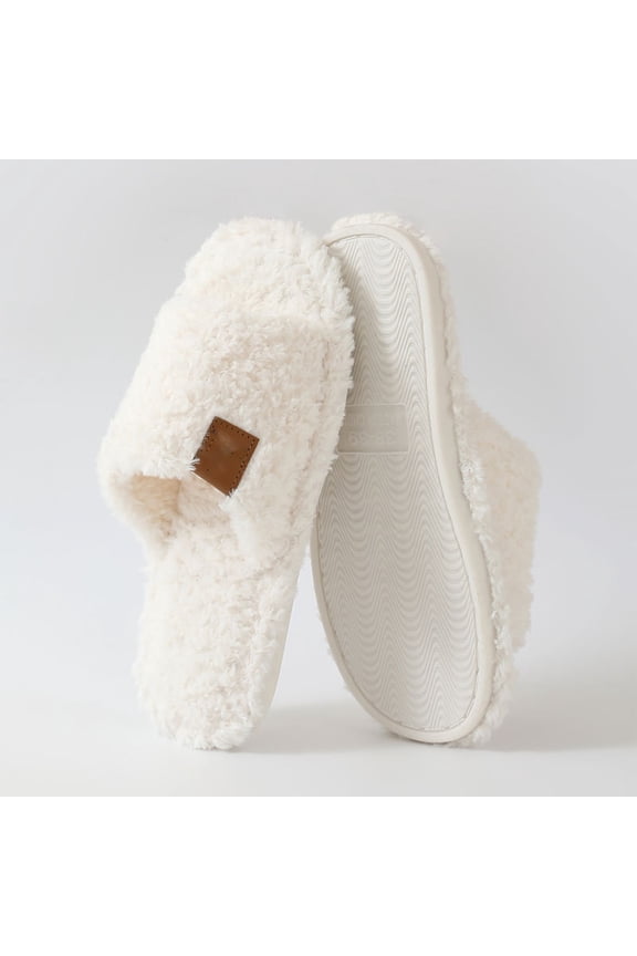 Fuzzy Home Slippers, Open Toe Plush Slides, Women's Open Toe Fuzzy Slippers Cozy Faux Fur Home Slide Sandals Winter Warm Plush Soft Padded Indoor Bedroom Flat Lounge Shoes, Beige 5.5
