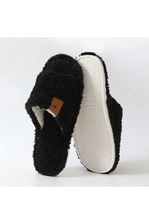 Fuzzy Home Slippers, Open Toe Plush Slides, Women's Open Toe Fuzzy Slippers Cozy Faux Fur Home Slide Sandals Winter Warm Plush Soft Padded Indoor Bedroom Flat Lounge Shoes, Black 5.5