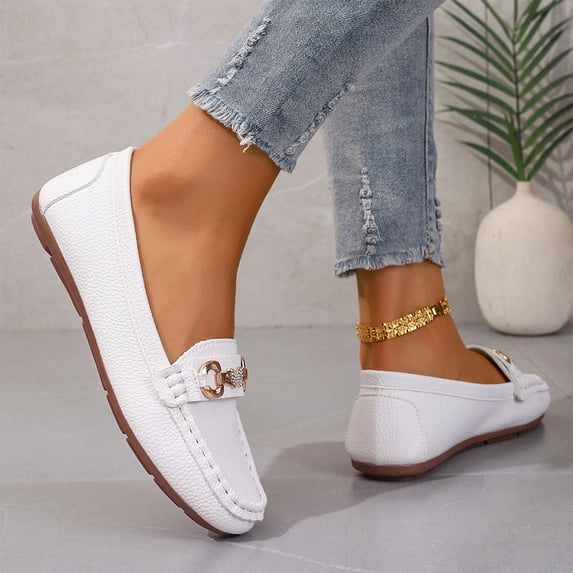HTHLVMD Genuine Leather Horsebit Loafers, Slip‑On Flat Driving Shoes, Office Loafers, Women's Loafer Shoes, Comfortable Slip On Casual Flat Penny Shoes for Walking, Driving, Dressy, White 8.5