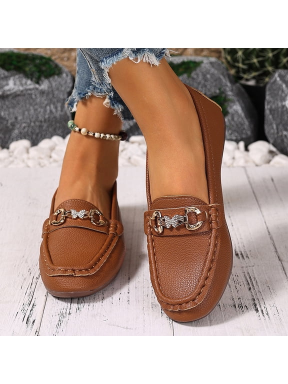 Genuine Leather Horsebit Loafers, Slip‑On Flat Driving Shoes, Office Loafers, Women's Loafer Shoes, Comfortable Slip On Casual Flat Penny Shoes for Walking, Driving, Dressy, Brown 7