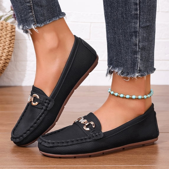 HTHLVMD Genuine Leather Horsebit Loafers, Slip‑On Flat Driving Shoes, Office Loafers, Women's Loafer Shoes, Comfortable Slip On Casual Flat Penny Shoes for Walking, Driving, Dressy, Black 5.5
