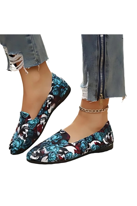 Gothic Casual Shoes, Party Printed Loafers, Retro Punk Flats, Walking Shoes Women Slip On, Women's Skull Rose Print Slip On Loafers, Round Toe Casual Flat Shoes for Daily, Party, Blue 6.5