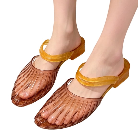 HTHLVMD Gradient Color Plastic Shoes, Women's Closed Pointed Toe Chunky Heel Jelly Mules Glitter Clear Slip On Hollow Out Low Heel Slide Sandals Soft Non-Slip Transparent Jelly Shoes, Brown 7