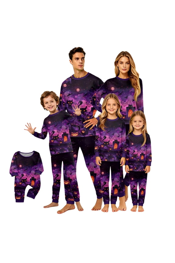 HTHLVMD Gradient Print Pajamas, Family Matching Set, Halloween Purple Haunted House Black Cat Gradient Family Matching Pajamas, Long Sleeve Crew Neck 2 Piece Home Loungewear, S