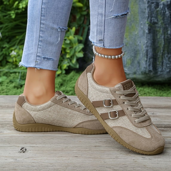 HTHLVMD Gum Sole Casual Sneakers, Orthopedic Shoes for Women, Sneakers for Women, Vintage Inspired Athletic Shoes, Women's Retro Lace-Up Sneakers, Buckle Detail Casual Athletic Shoes, Beige 5.5