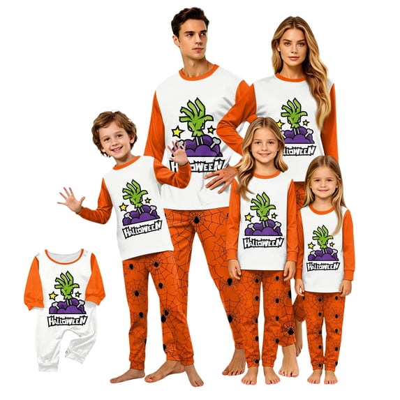 HTHLVMD Halloween Pajamas, Family Halloween Pajamas, Halloween Matching Family Pajamas Orange Skull Print Long Sleeve Two Piece Pj Set Spooky Sleepwear Nightwear Loungewear Skeleton Holiday Photos