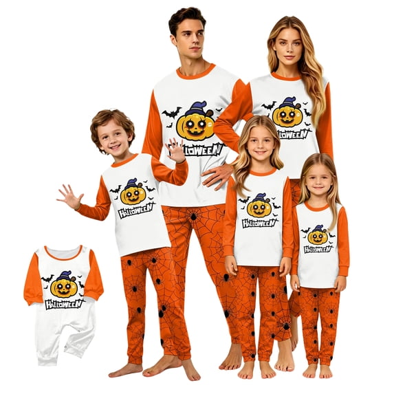 HTHLVMD Halloween Pajamas, Family Pajamas, Halloween Matching Family Pajamas Orange Pumpkin Print Long Sleeve Two Piece Pajama Set Magical Sleepwear Nightwear Loungewear Bepumpkin Ed Photos