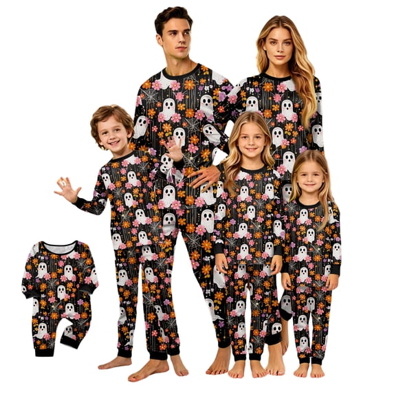 HTHLVMD Halloween Pajamas, Halloween Pajamas for Family, Boho Pattern Matching Family Pajamas Cute Ghost Print Long Sleeve Two Piece Pj Set Soft Sleepwear Nightwear Loungewear Bohemian Style Photos