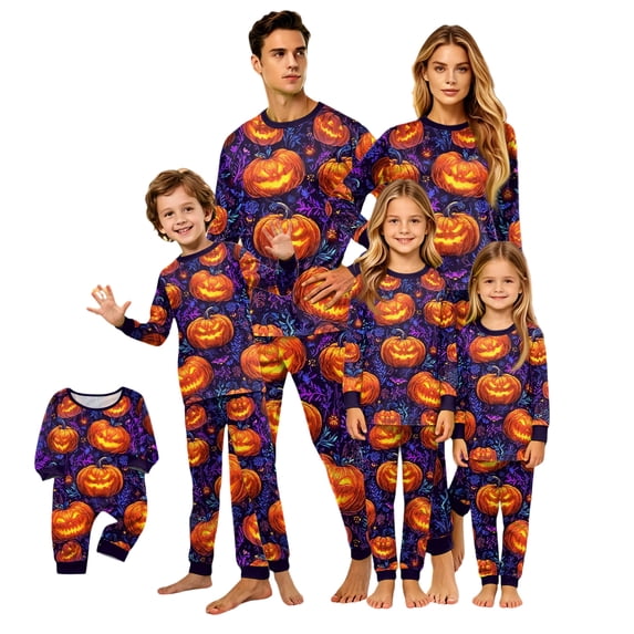 HTHLVMD Halloween Pajamas, Halloween Pajamas for Family, Pumpkin Print Matching Family Pajamas Orange Purple Pumpkin Long Sleeve 2 Piece Pj Set Modern Sleepwear Nightwear Loungewear Artistic Photos