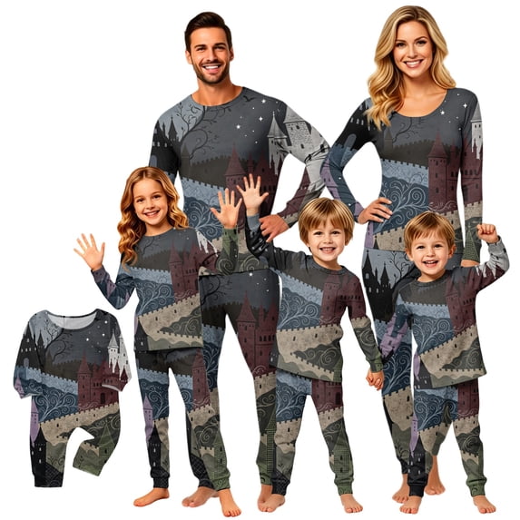 HTHLVMD Halloween Pajamas, Matching Family Pajamas, Haunted House Matching Family Pajamas Zip Front Long Sleeve 2 Piece Pajama Set Soft Sleepwear Nightwear Loungewear Neutral Casual Family Wear